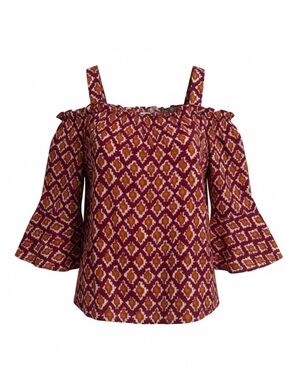 Westbound Cold-Shoulder Strappy Blouse in Burgundy and Mustard